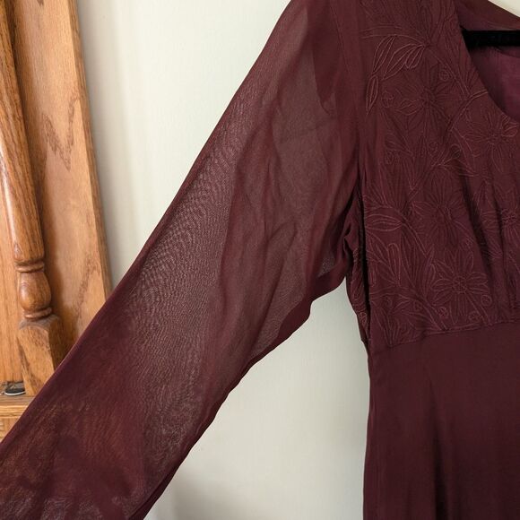 Nostalgia Burgundy Crimson Sheer Sleeve Empire Waist 90s Dress Size Small - Picture 2 of 9
